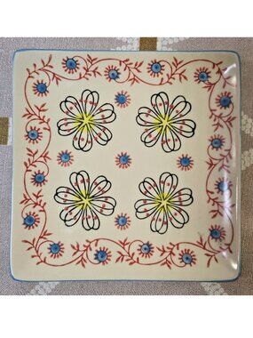 Yokohama Studio Square Hand Painted Small Ceramic Plate Flowers Floral Boho 6"